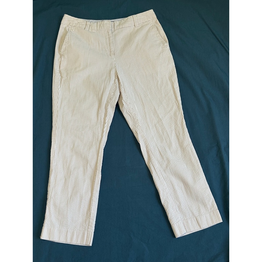Lands End Womens 6 Tan‎ White Seersucker Striped Mid Rise Straight Leg Pants